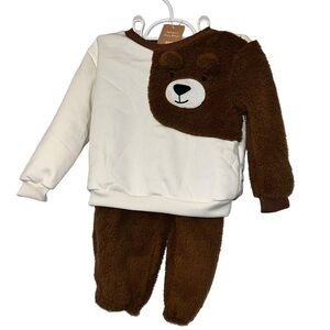 Cozy Pixies NWT Toddler Teddy Bear Fluffy Outfit Pants & Top Cream Brown Sz 2-3T